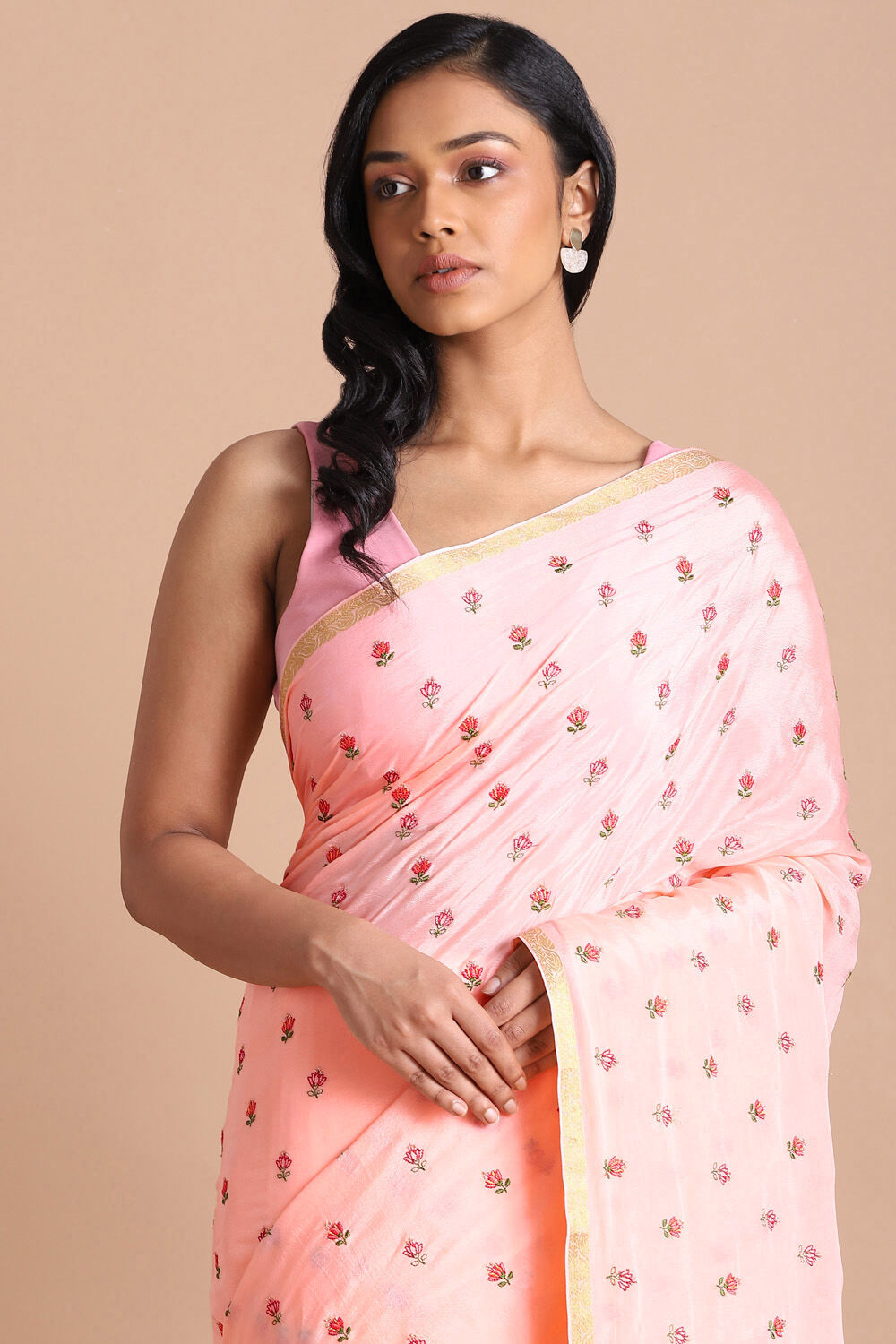 Light Pure Pink Viscose Embroidered Saree image number null