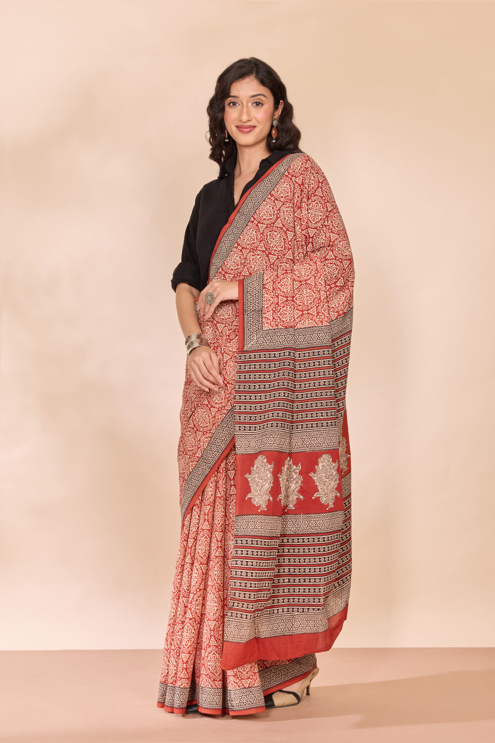 Dark Red Rajasthan Block Printed Pure Cotton Saree image number null