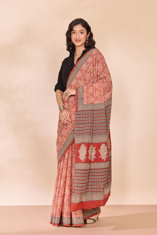 Dark Red Rajasthan Block Printed Pure Cotton Saree thumbnail image number null