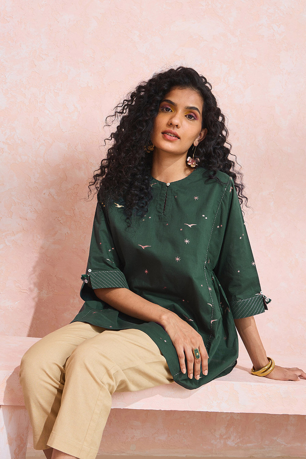 Dark Green Screen Printed Pure Cotton Short Top image number null