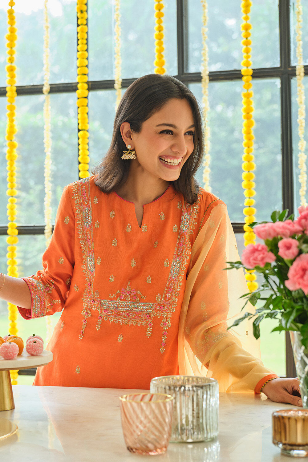 Orange Embroidered Silk Cotton Kurta Set image number null