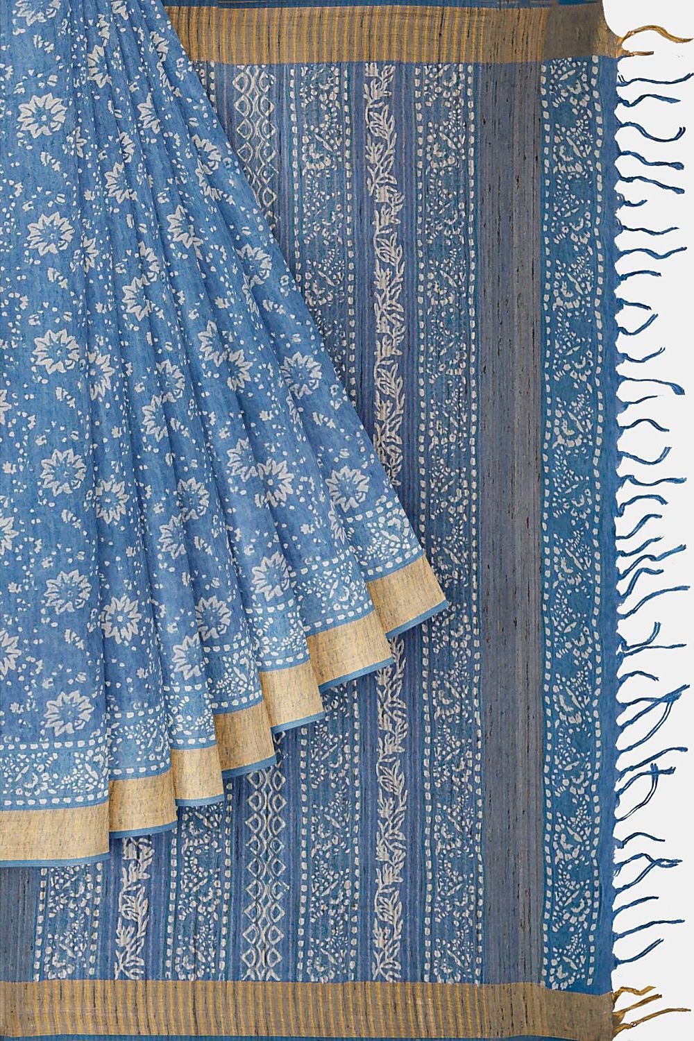 Blue Pure Linen Printed Saree image number null