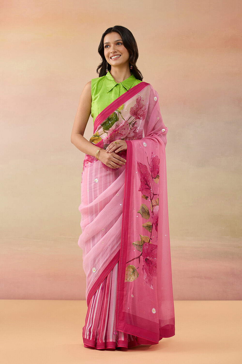 Pink Viscose Organza Embroidered Saree image number null