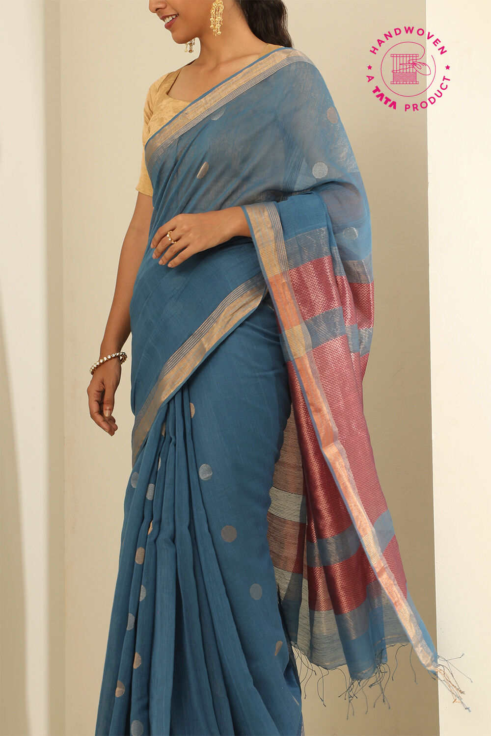 Light Blue Pure Silk Cotton Woven Bengali Saree image number null