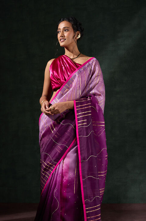 Purple Pure Organza Printed Embroidery Saree