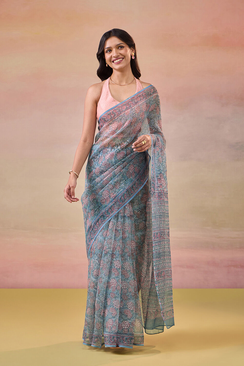 Light Blue Bagru Pure Cotton Kota Block Printed Saree image number null