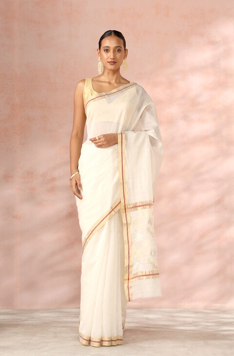 Off White Chanderi Pure Silk Cotton Woven Saree