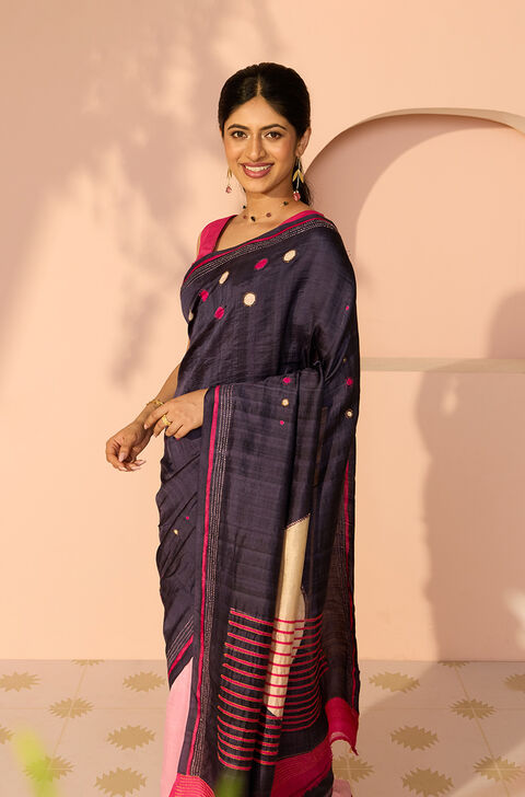Dark Blue Bengal Pure Silk Hand Painted Saree