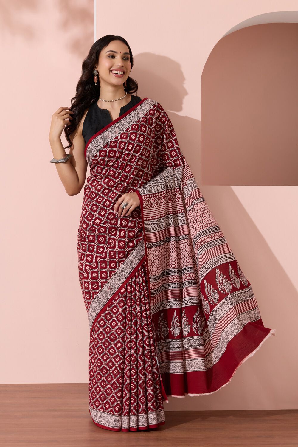 Red Bagh Block Printed Pure Cotton Saree image number null