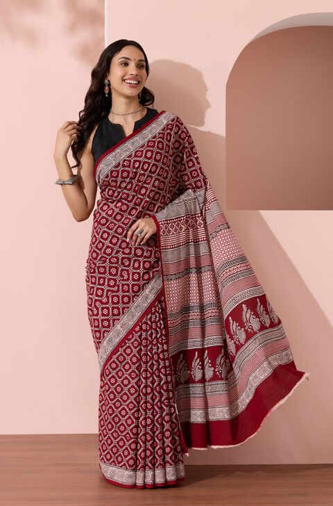 Red Bagh Block Printed Pure Cotton Saree