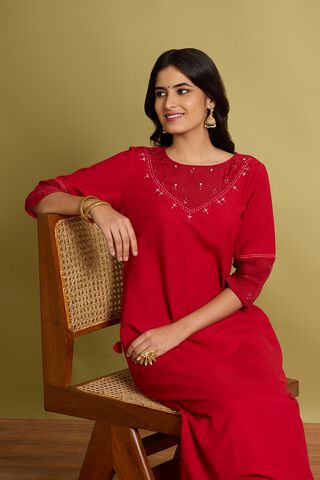 Red Cotton Viscose Mukaish Kurta image number