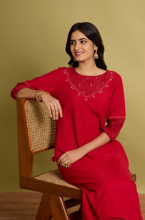 Red Cotton Viscose Mukaish Kurta