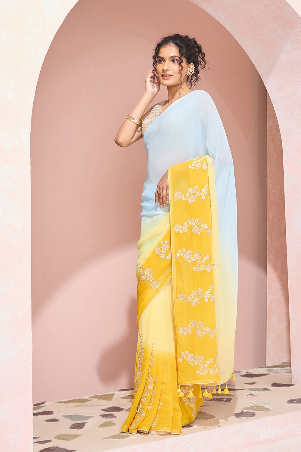Yellow Bengal Viscose Georgette Tie and Dye Saree image number null