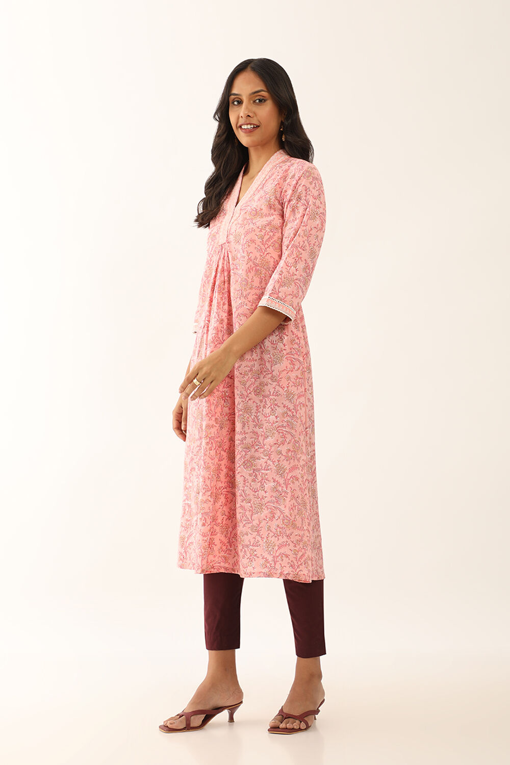 Pink Cotton Printed Embroidery Kurta image number null