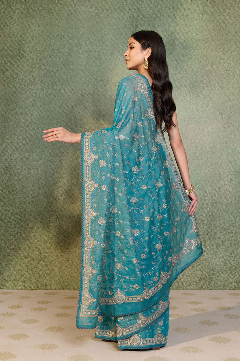 Blue Tissue Lyocell Linen Embroidered Saree image number null