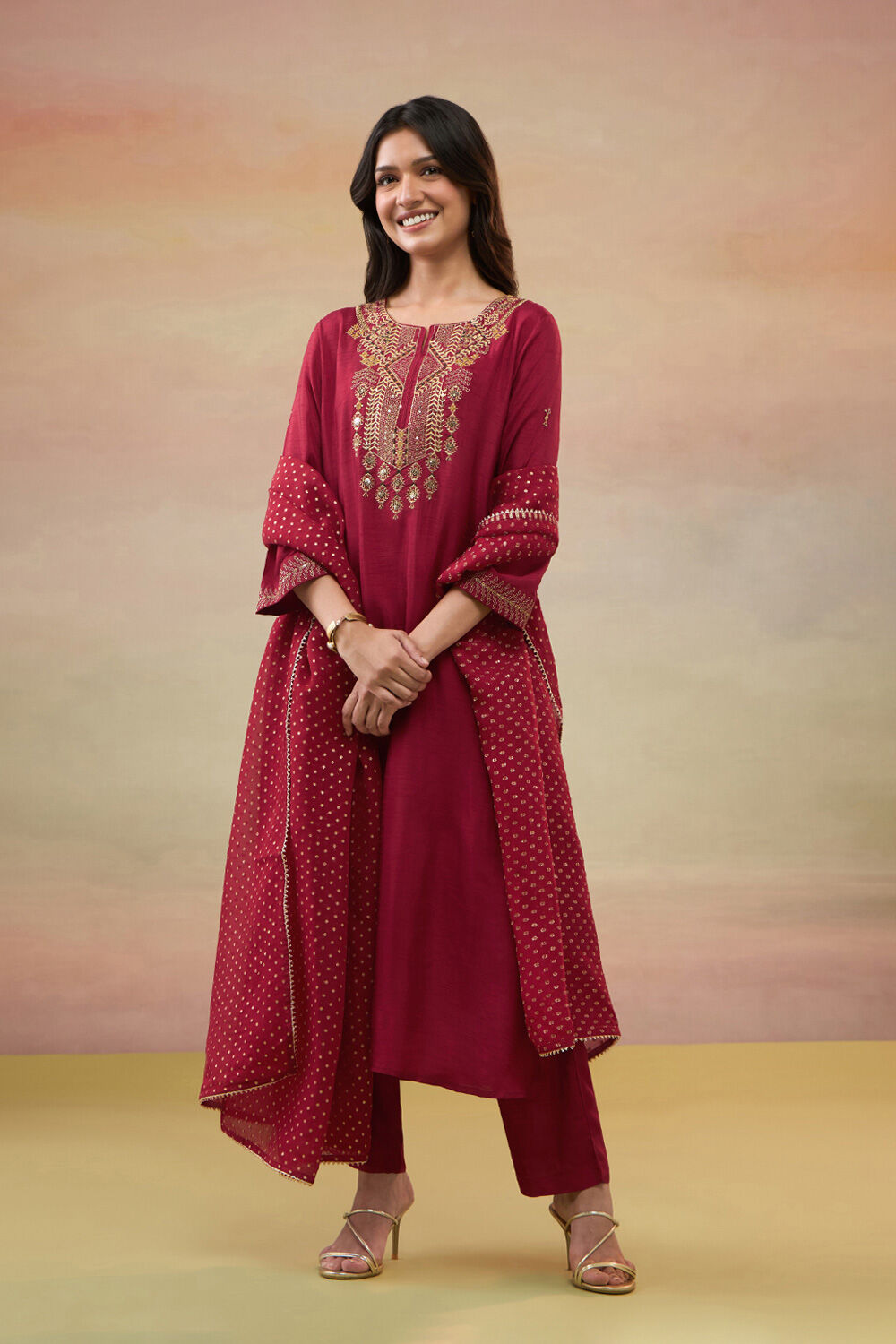 Red Pure Viscose Embroidered Kurta Set image number null