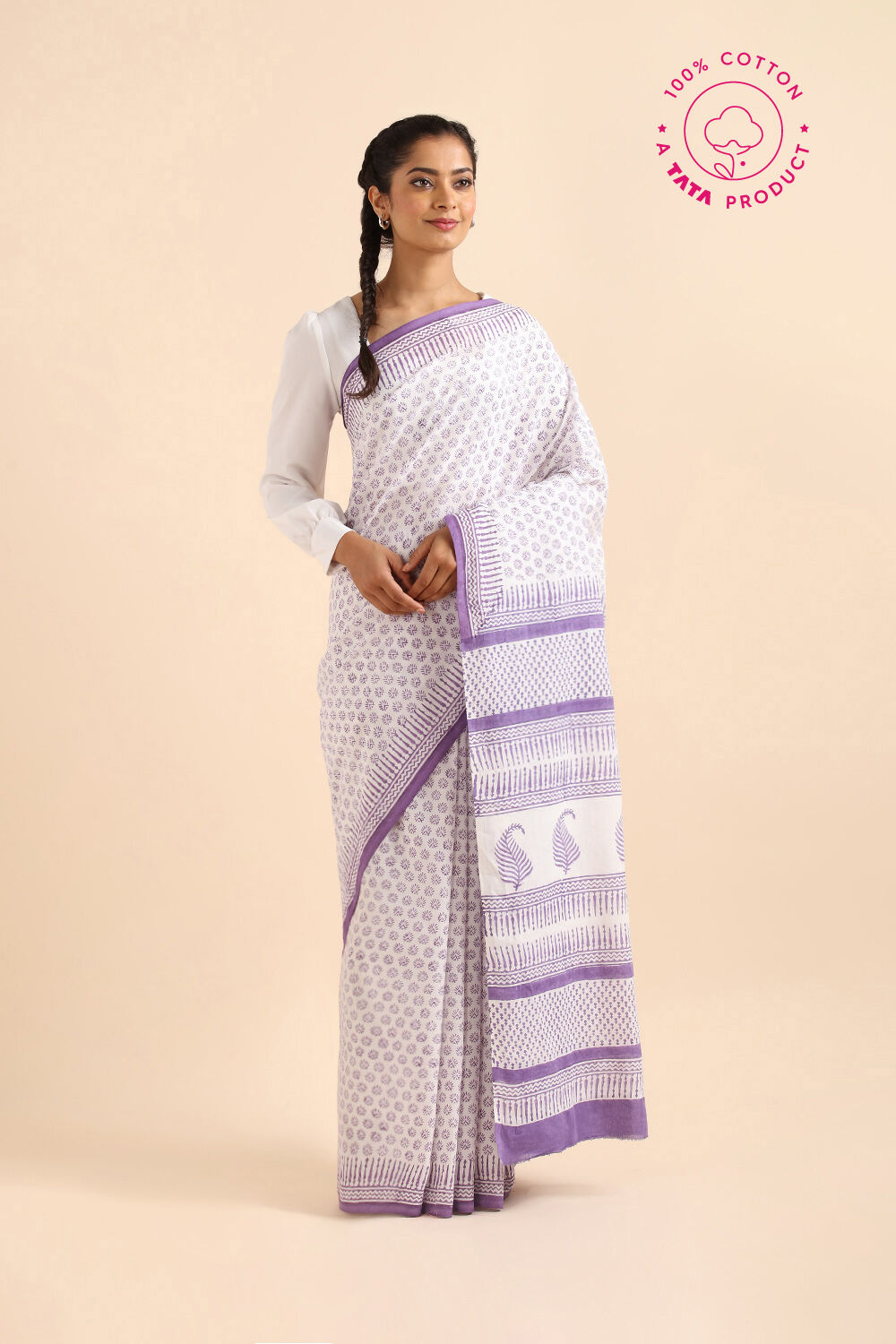 Off Pure White Cotton Sanganeri Printed image number null