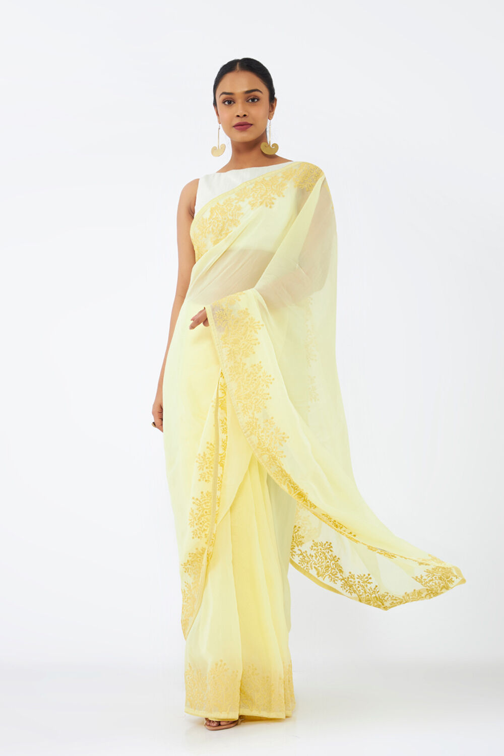 Light Yellow Viscose Organza Embroidered Saree image number null