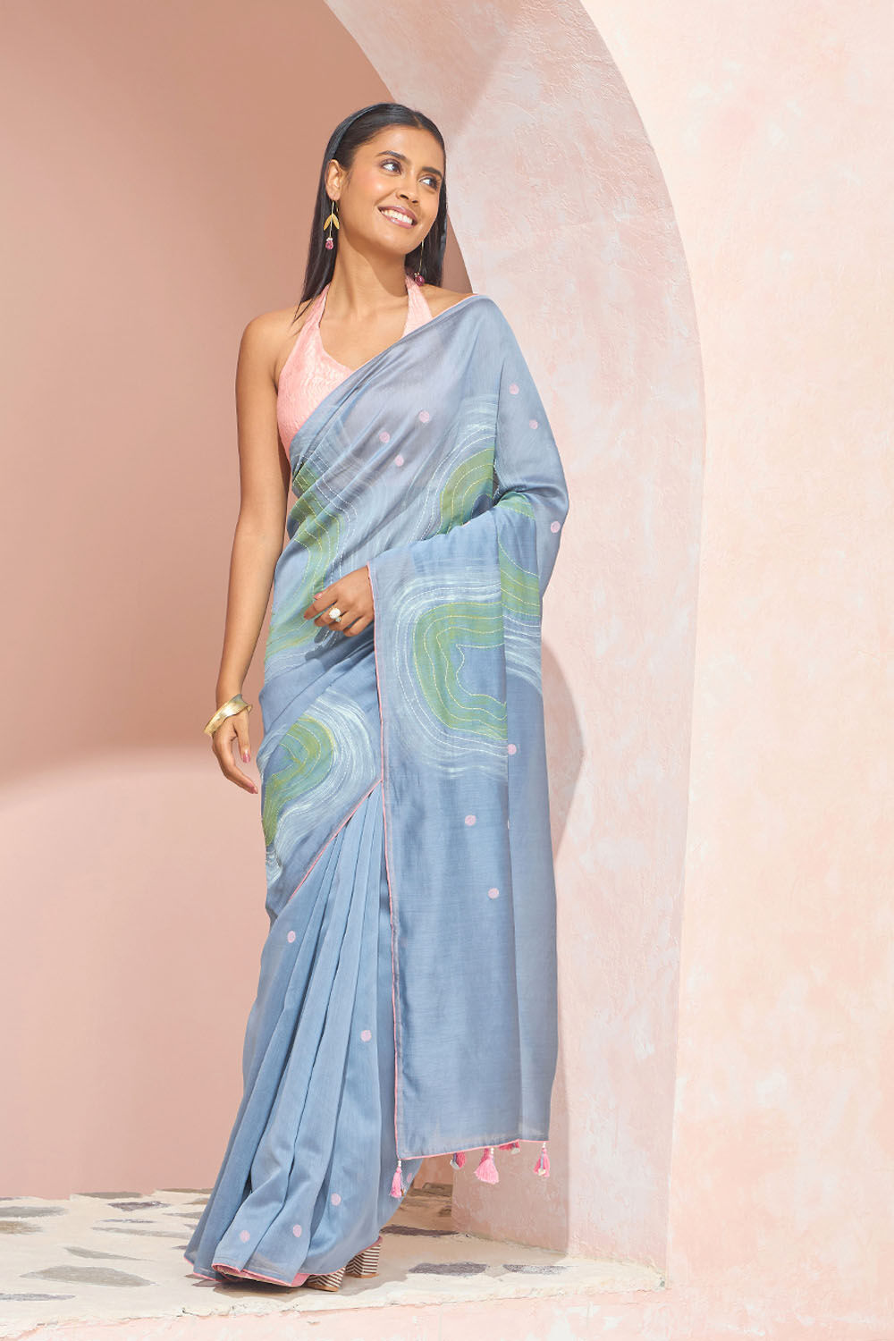 Light Blue Hand Painted Pure Silk Cotton Saree image number null