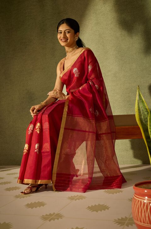 Red Woven Pure Silk Cotton Chanderi Saree