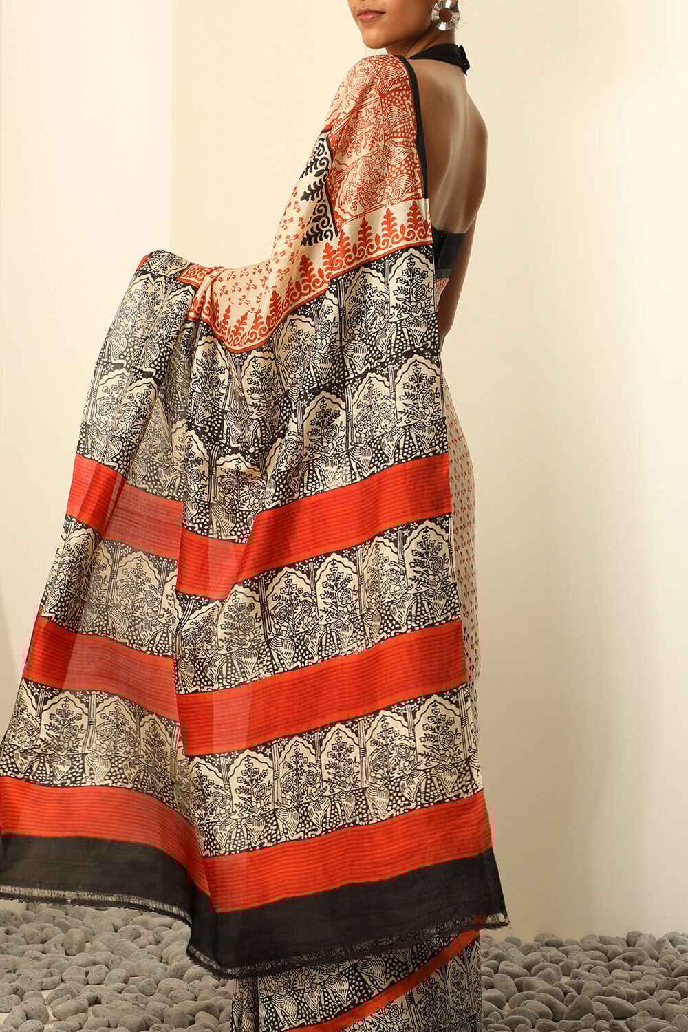 Off White Pure Silk Block Printed Saree image number null