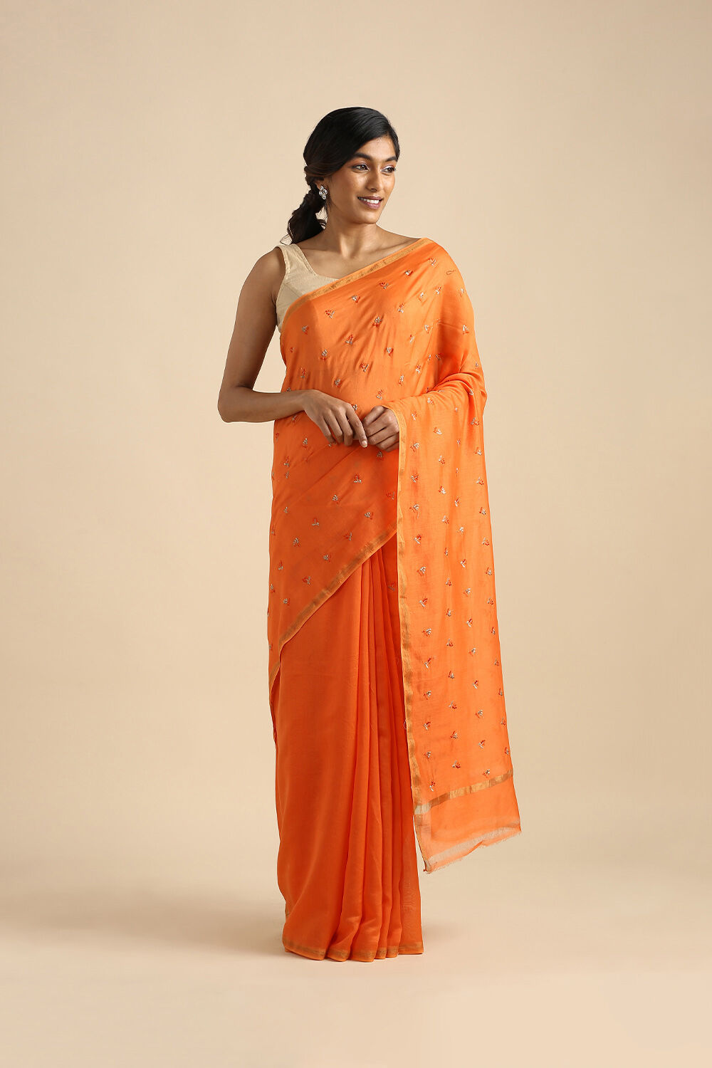 Orange Pure Silk Cotton Embroidered Saree image number null