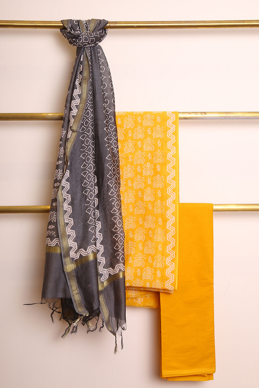 Bright Yellow Pure Silk Cotton Suit Set image number null