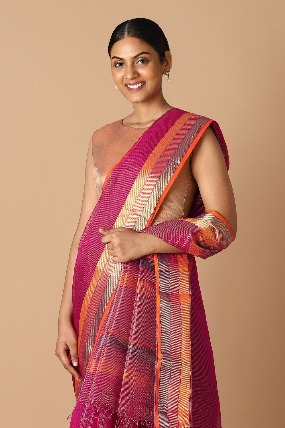 Dark Pink Pure Cotton Tissue Maheswari Saree image number null
