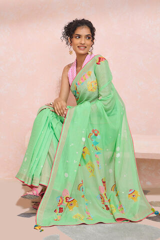 Green Pure Silk Cotton Printed Embroidery Saree