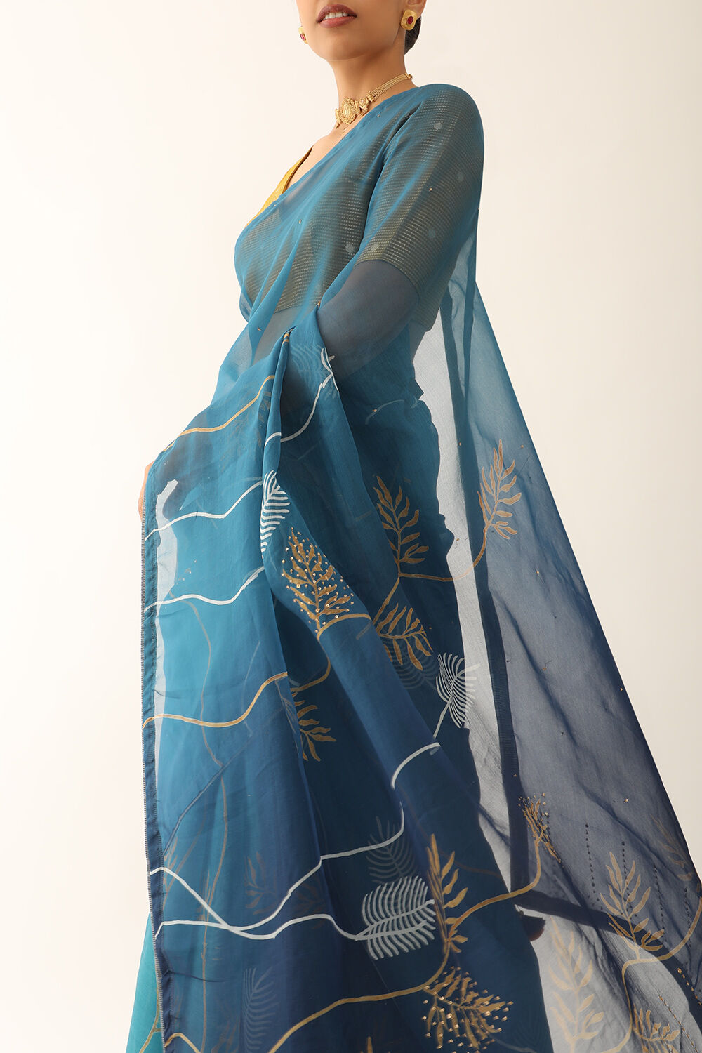 Blue Pure Silk Organza Hand Painted Saree image number null