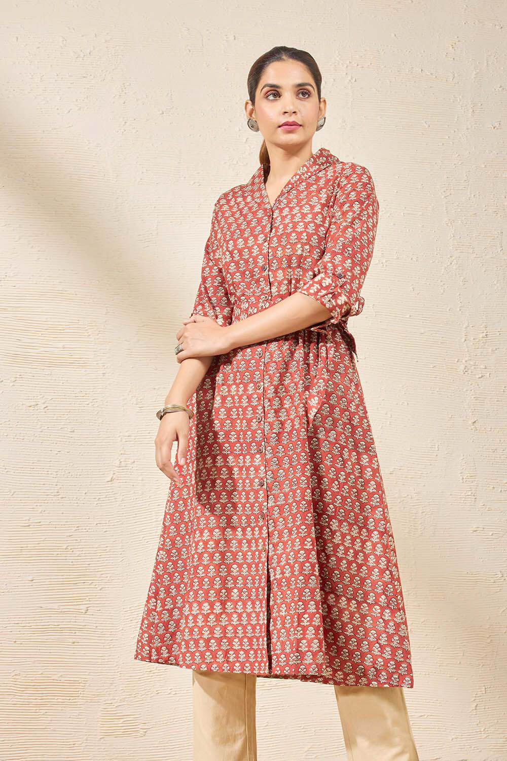 Red Pure Cotton Printed Sanganeri Kurta image number null