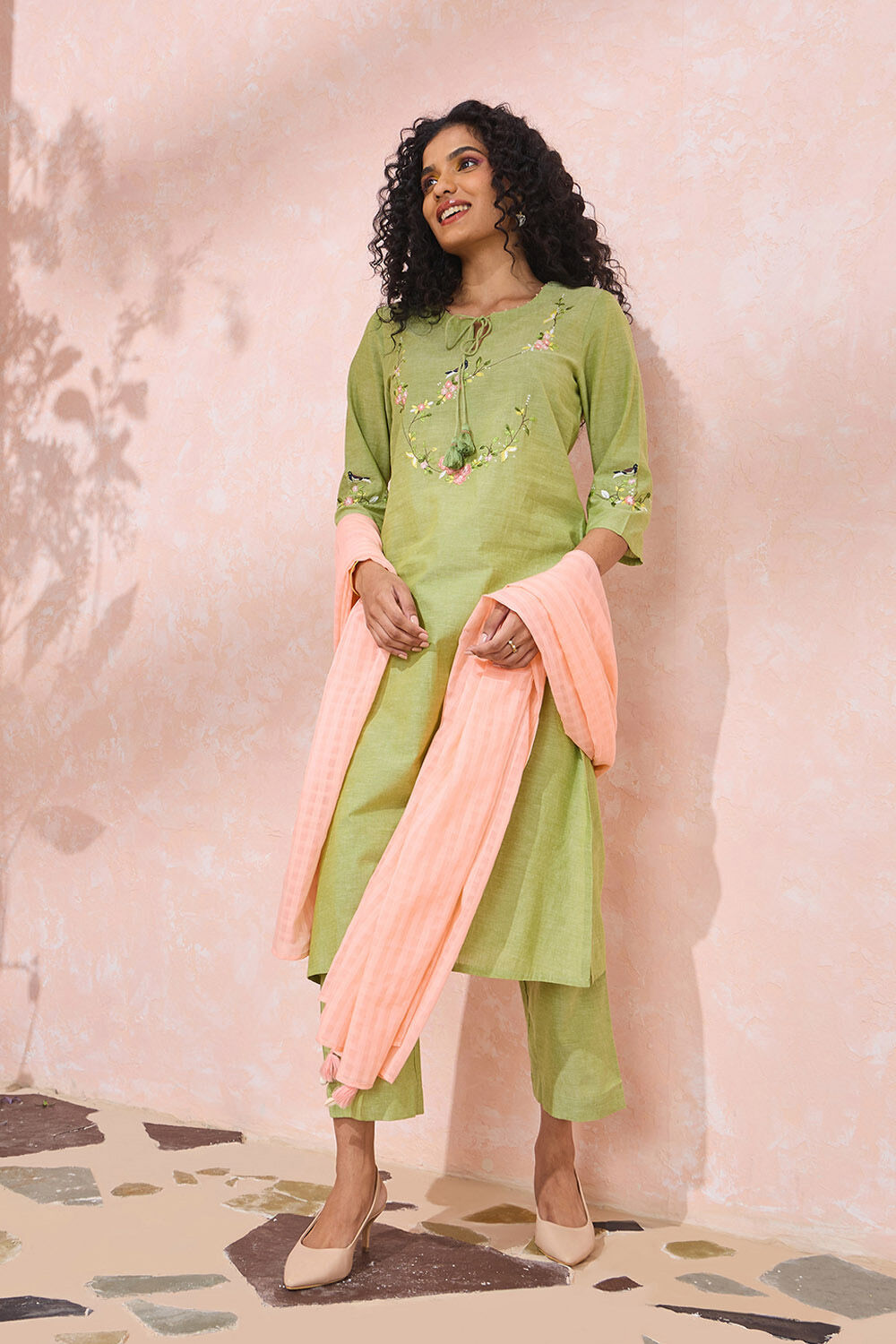 Green Cotton Embroidered Kurta Set image number null
