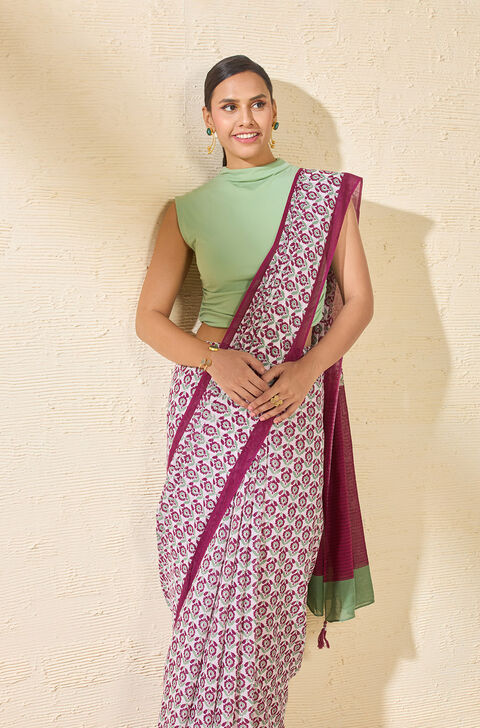 Purple Screen Printed Bengal Pure Mulmul Cotton Saree