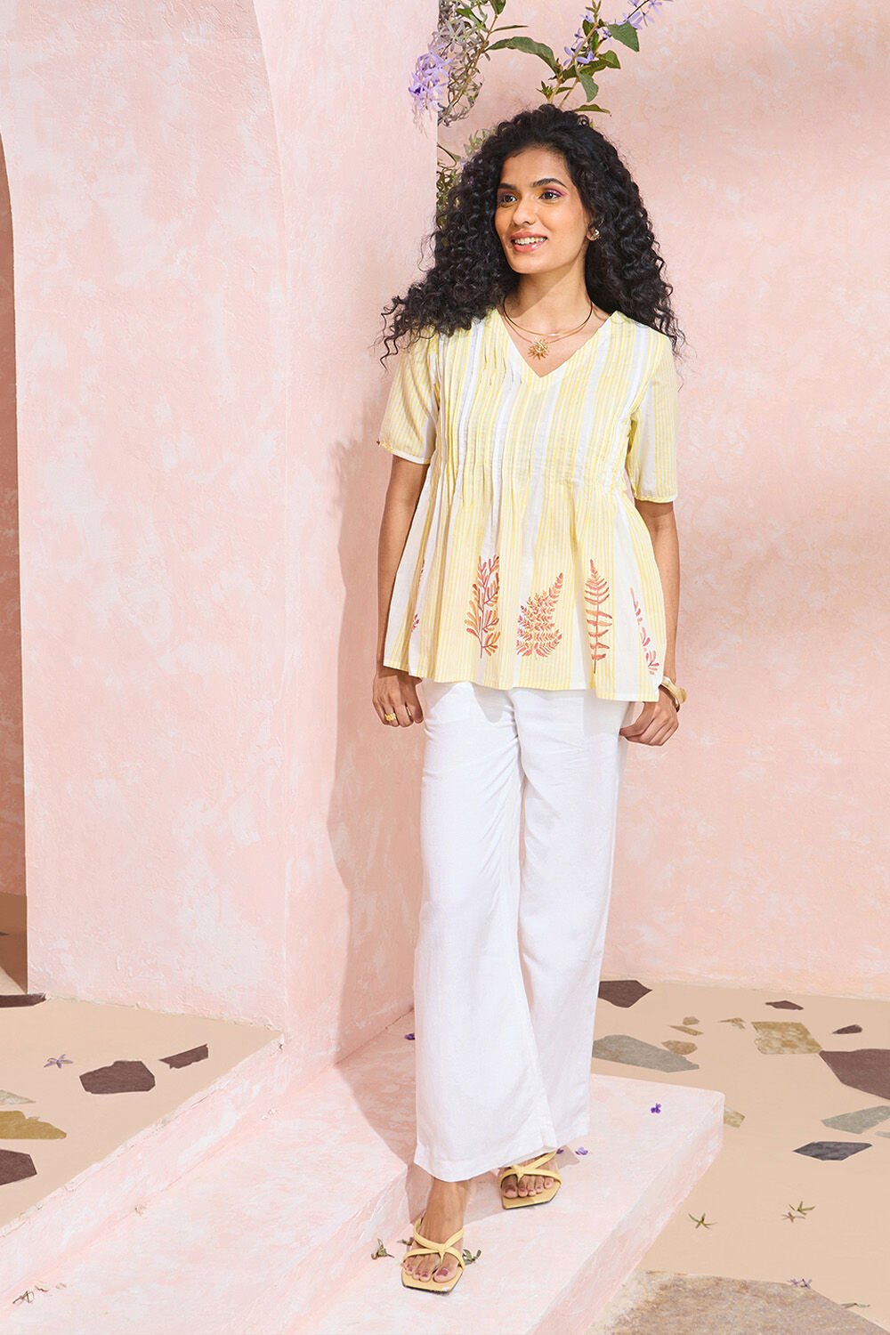 Light Yellow Block Printed Pure Cotton Short Top image number null