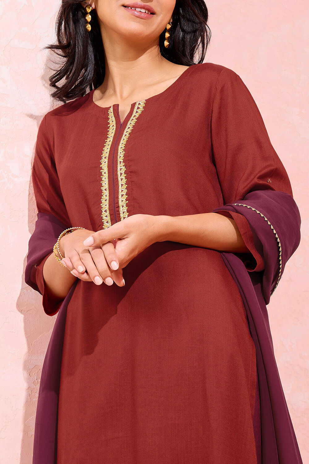 Dark Maroon Viscose Embroidered Kurta Set image number null