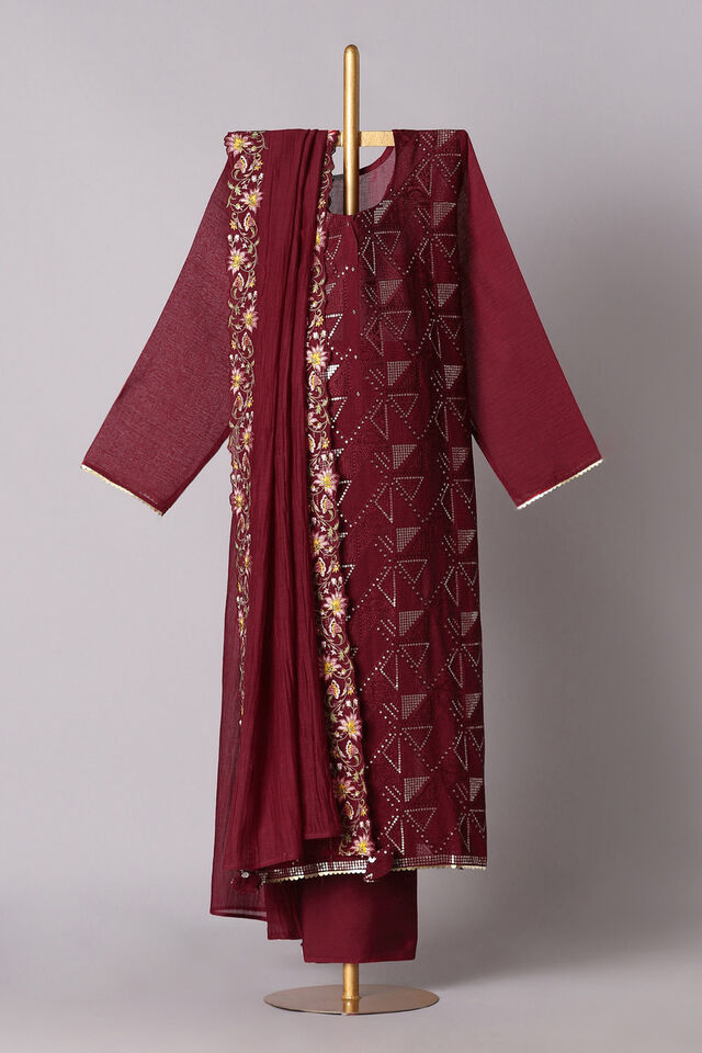 Dark Red Silk Cotton Embroidered Semistitched Suit Set