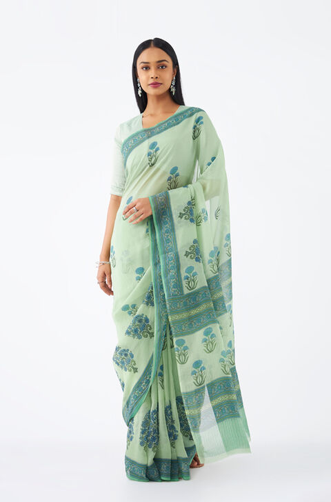 Green Viscose Organza Printed Saree
