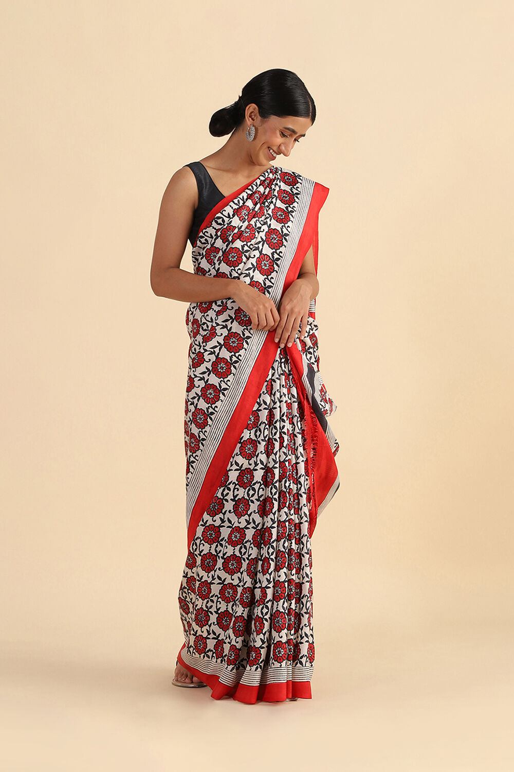 Black and Red Hand Blockprinted Pure Silk Saree image number null
