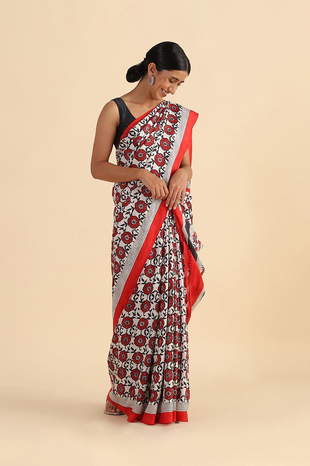 Black and Red Hand Blockprinted Pure Silk Saree image number null