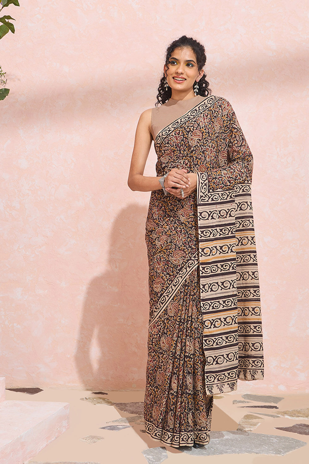 Black Printed Kalamkari Pure Cotton Machilipatnam Saree image number null