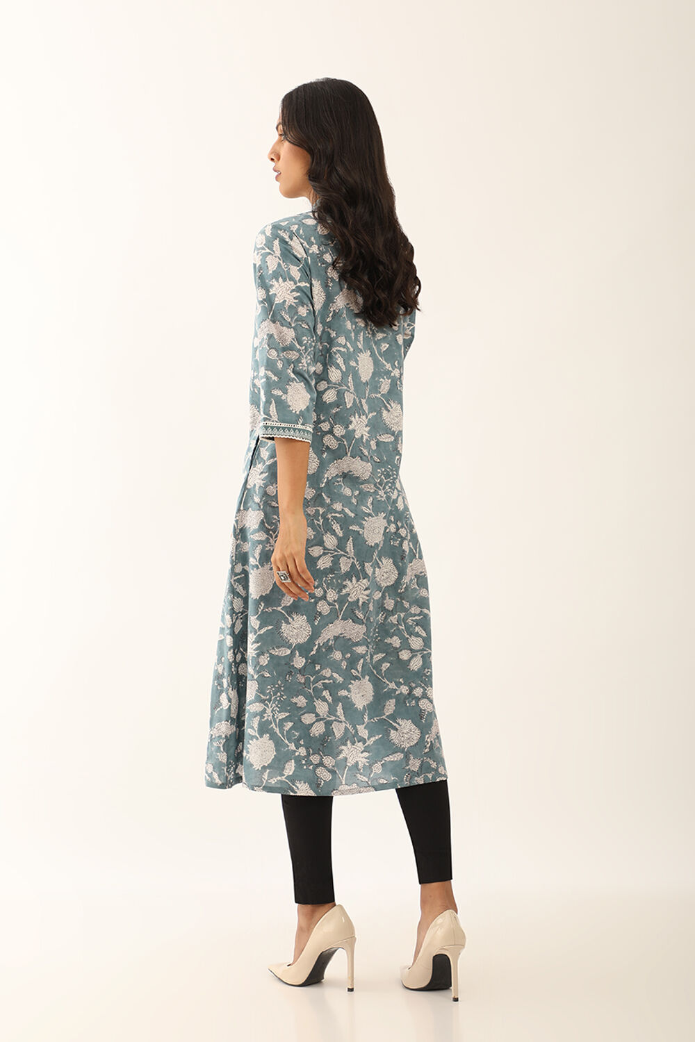 Blue Pure Cotton Block Printed Kurta with Embroidery image number null