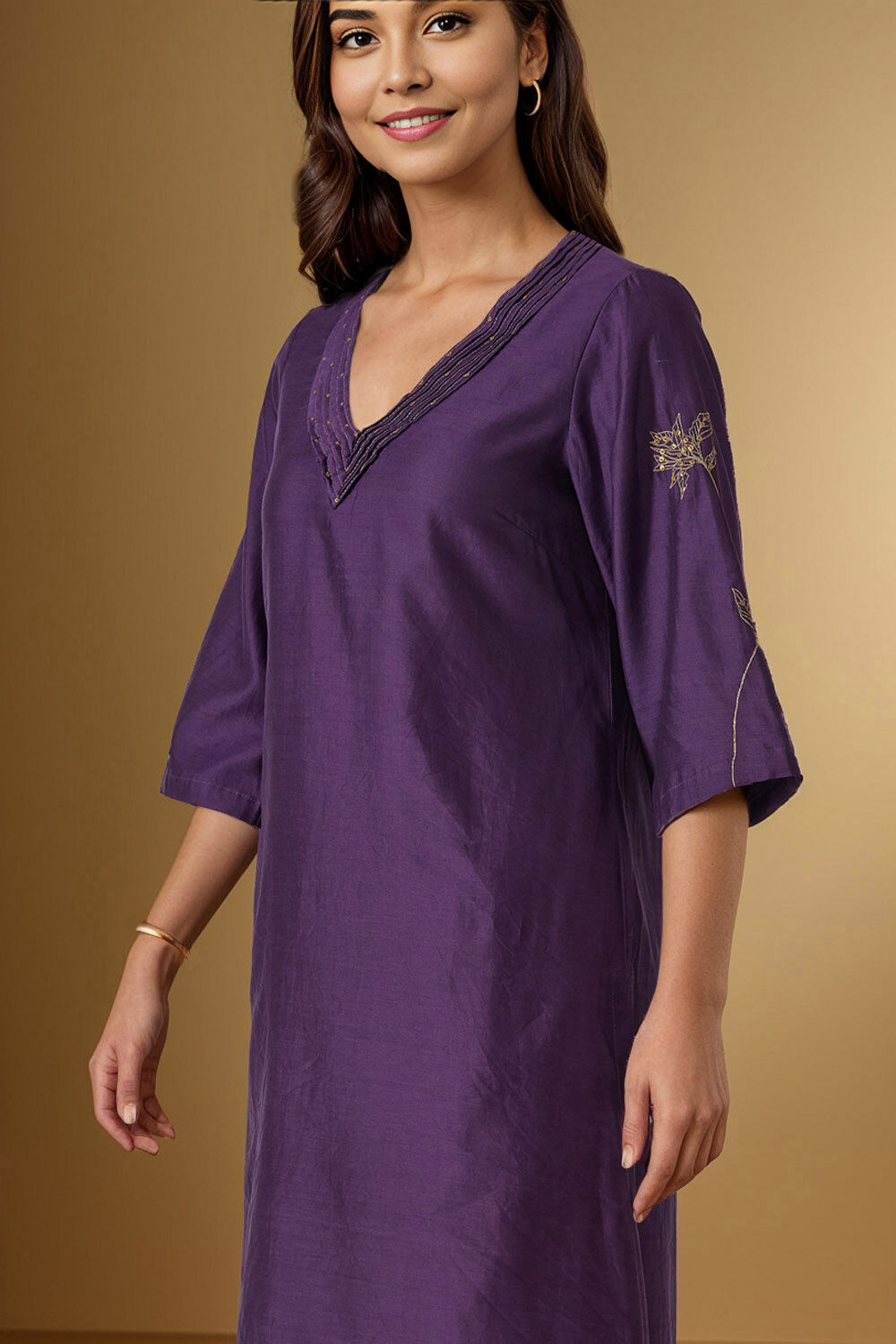 Dark Violet Embroidered Pure Silk Cotton Kurta image number null
