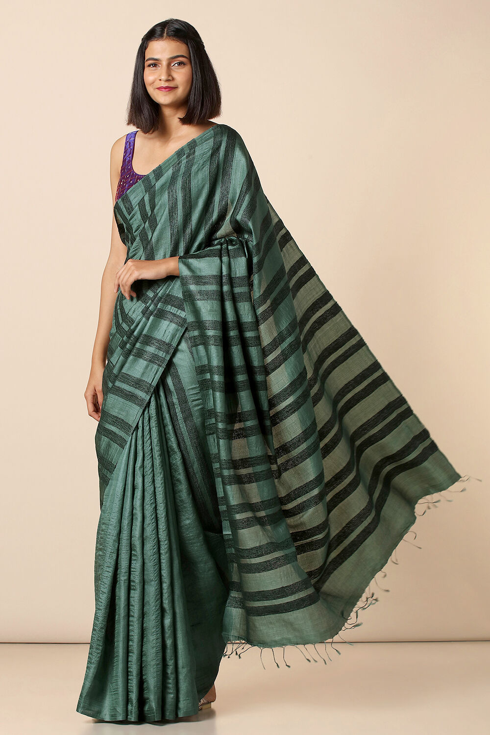 Green Pure Tussar Silk Woven Saree image number null