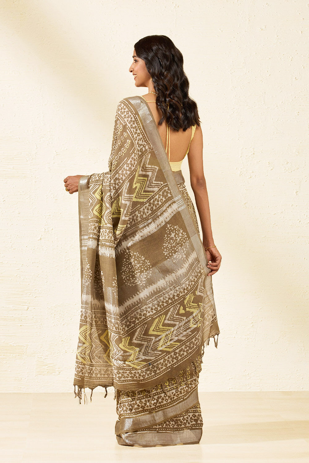 Brown Block Printed Cotton Viscose Saree image number null