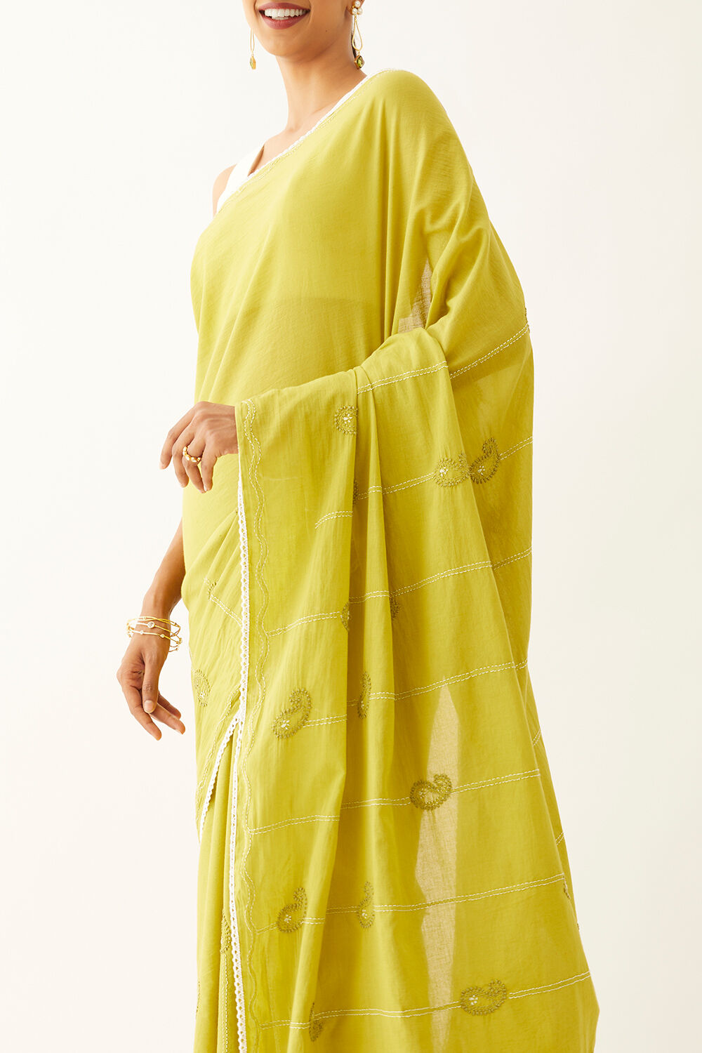 Green Pure Cotton Chikankari Saree image number null