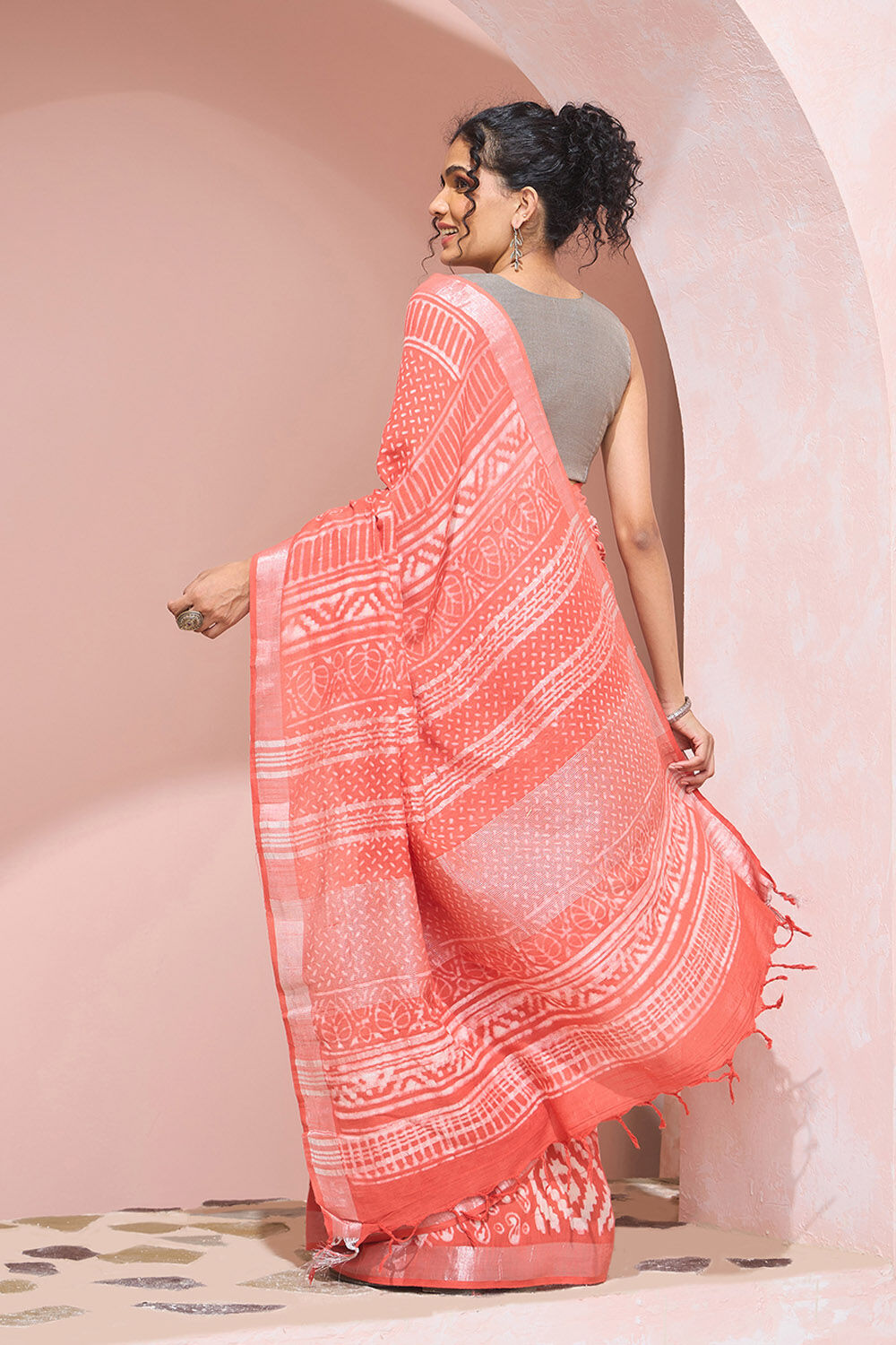 Orange Rajasthan Cotton Viscose Dabu Block Printed Saree image number null