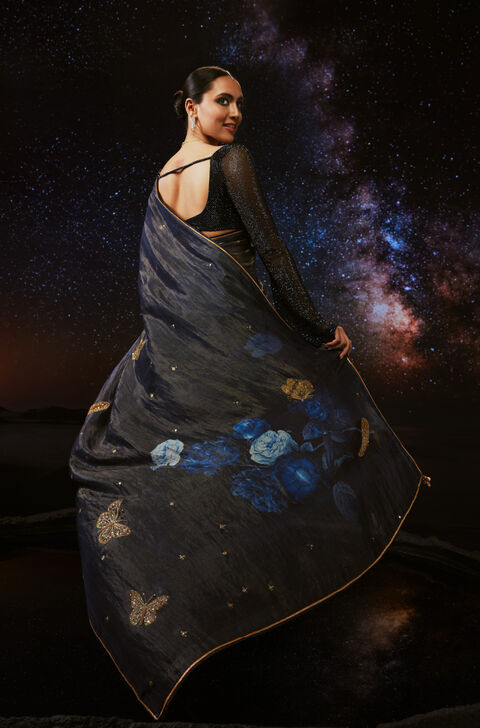 Dark Blue Pure Silk Tissue Embroidered Saree