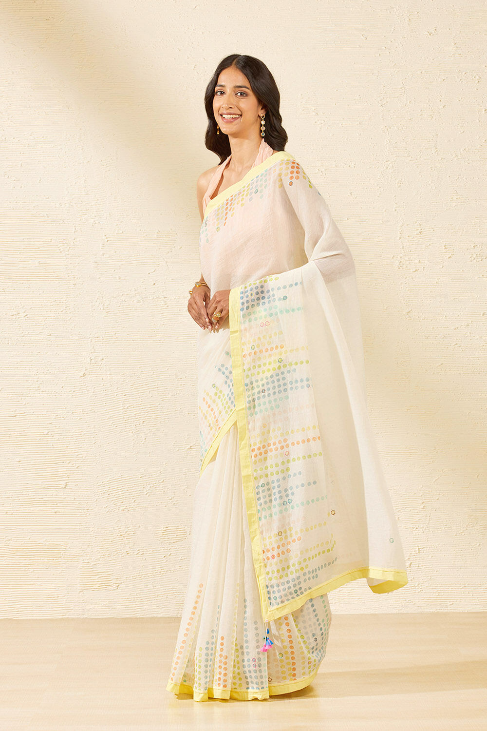 Off White Pure Silk Cotton Block Printed Bengal Saree image number null