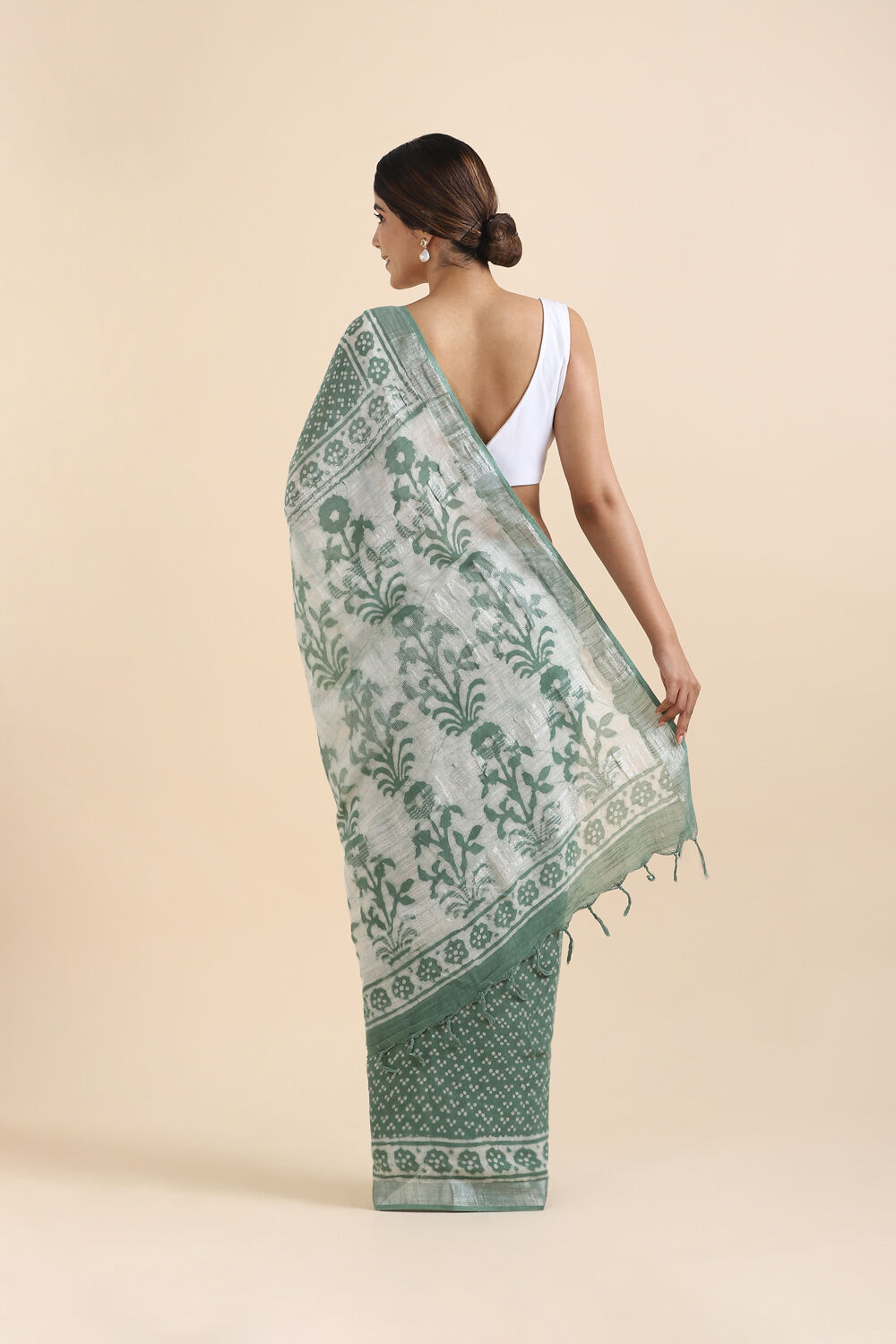 Dark Green Pure Cotton Linen Bagru Printed Saree image number null