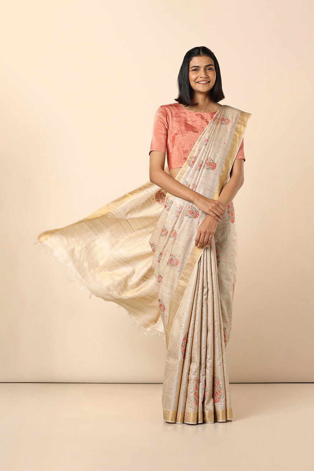Off White Embroidered Pure Tussar Saree image number null